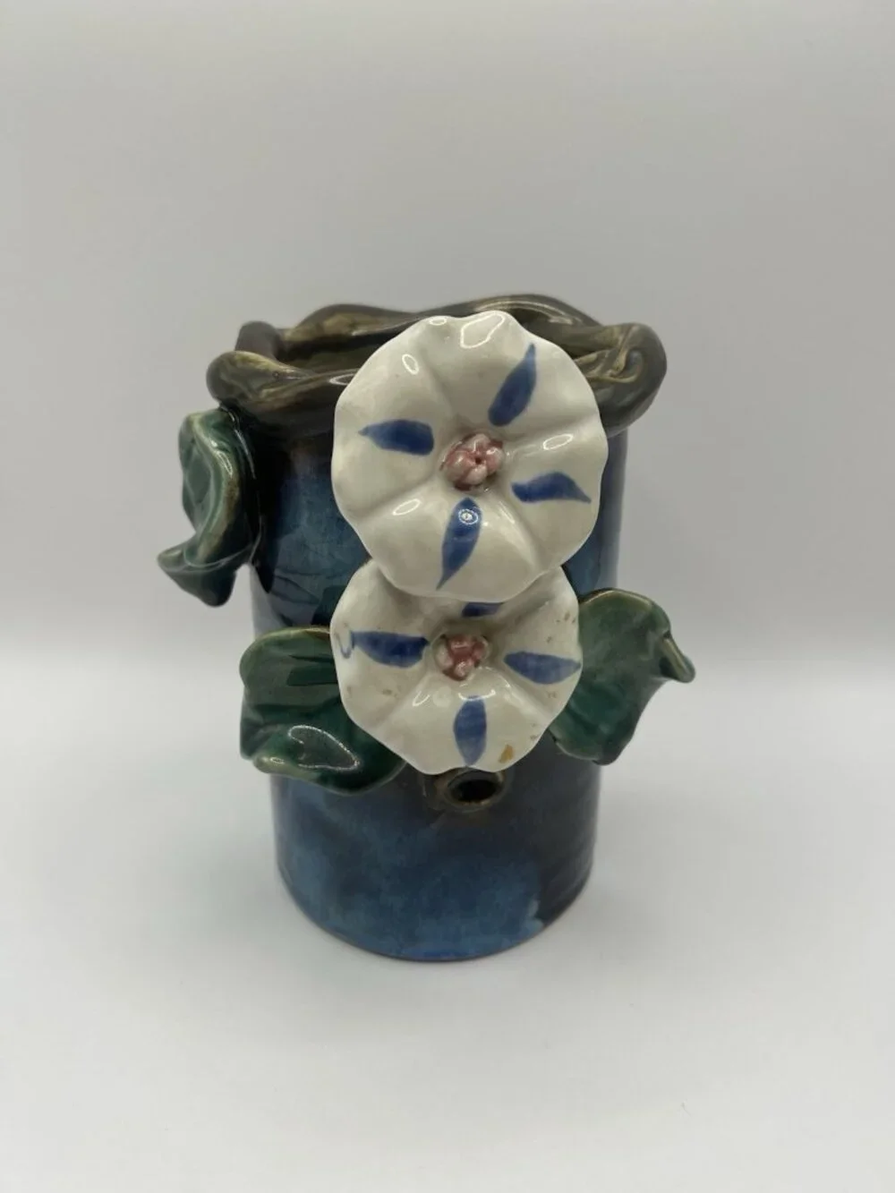 Handmade Studio Pottery Vase Blue Drip Glaze Floral Applied Art Vase Majolica￼